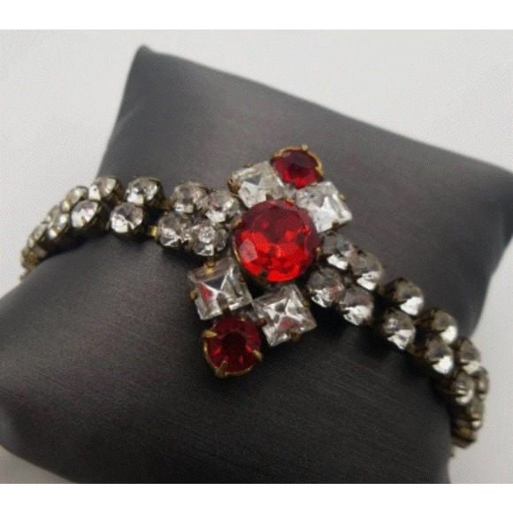 Vintage Czech Ruby Colored Rhinestone Bracelet - Rare Husar D Jewelry - Picture 1 of 5